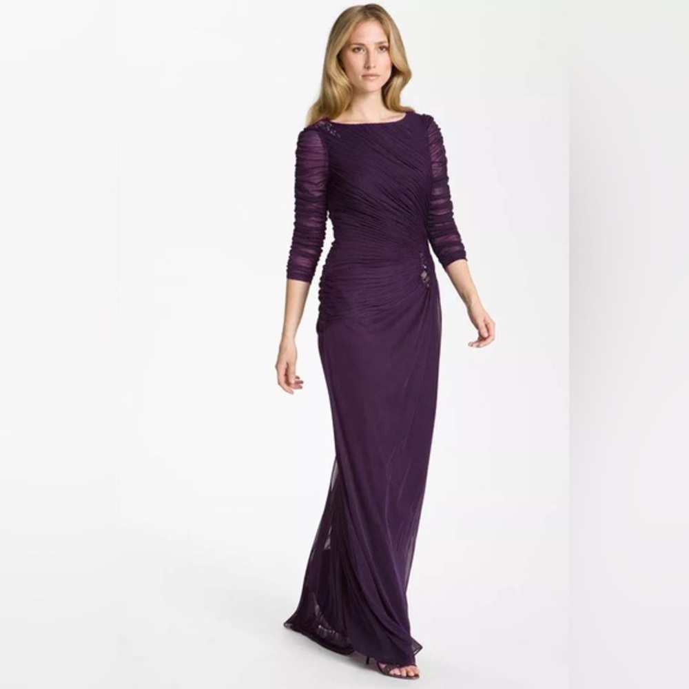 Adrianna Papell Purple‎ Raisin Boatneck Sheer Ruched Sleeve Embellished Gown 6